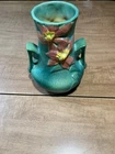 Vintage Roseville  Art Pottery Green W/Pink Clematis Double Handled Vase