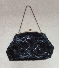 Vintage Sequin Beaded Evening Bag France Black Small Satin