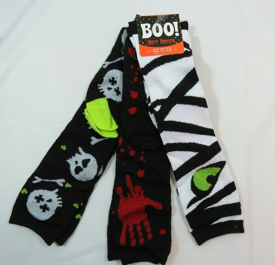 3PK Mujer Negro Blanco Calaveras Manos Ojos Rodilla Calcetines Talla 9-11 Halloween A Foto 2 de 4