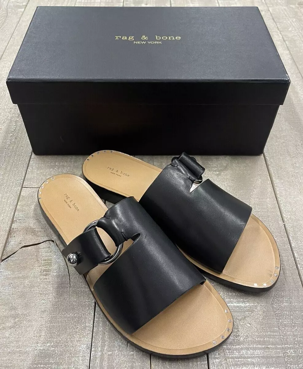 NIB 325 Rag Bone Arc Flat Leather Slide Sandal In Black Size