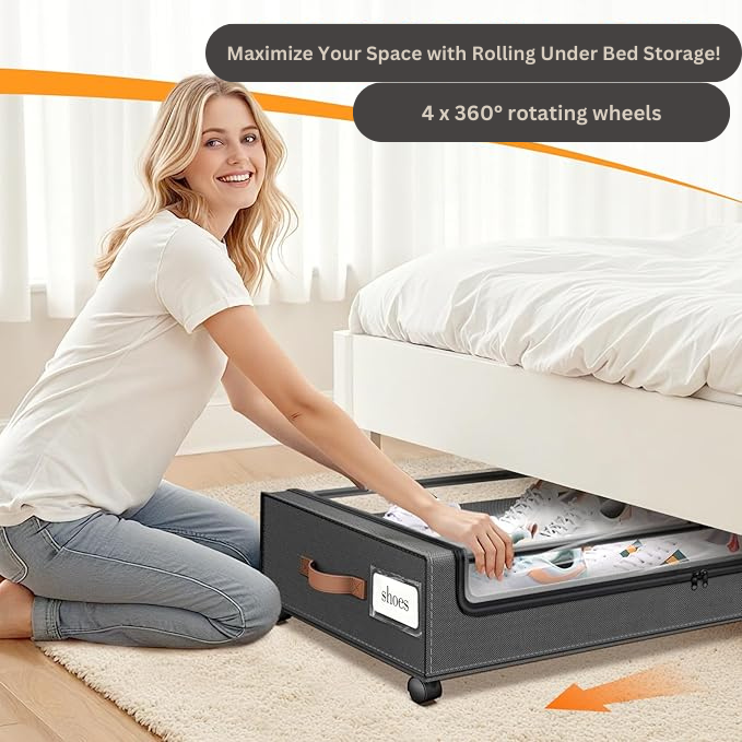 2-Pack Grey Rolling Under Bed Storage Containers for Clothes & Shoes