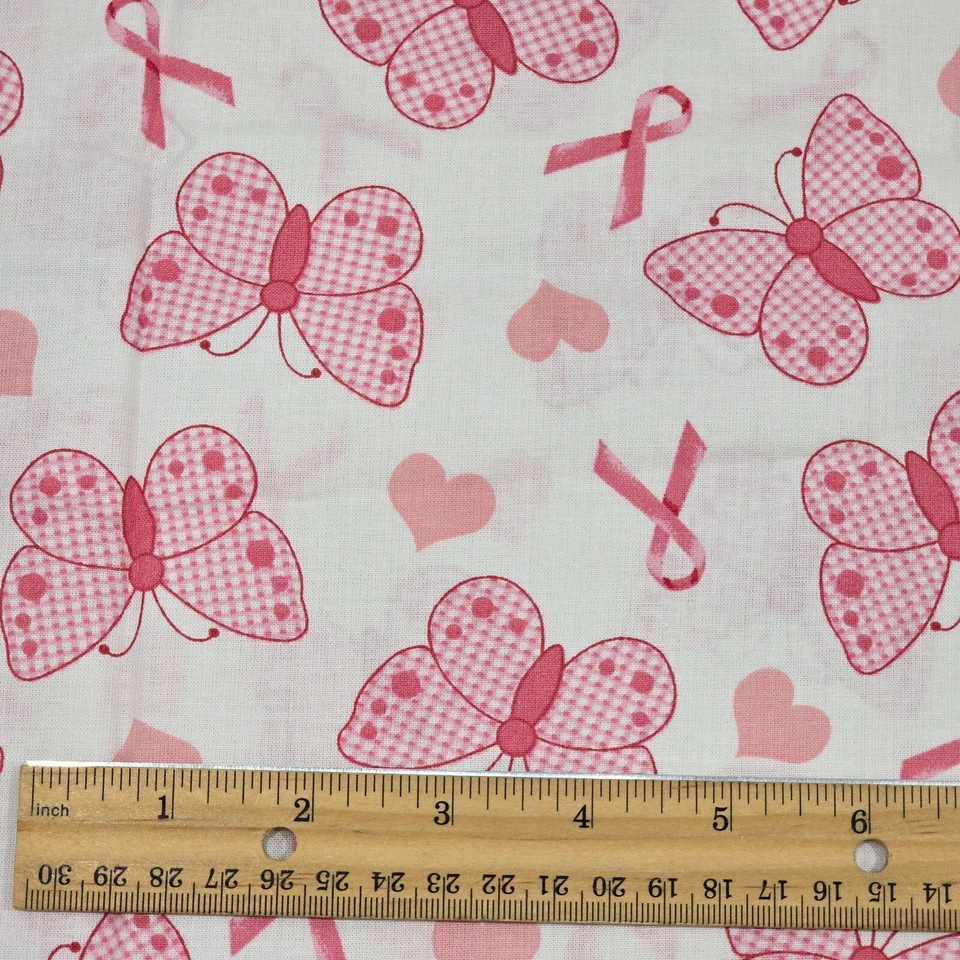 Cotton Fabric 18"x45" Pink Ribbon Breast Cancer Awareness Butterflies Hearts - Image 4 of 4