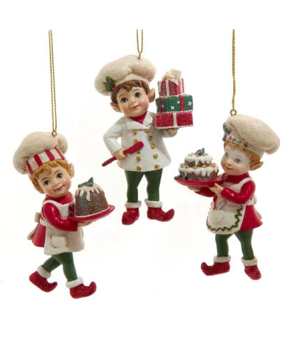 KURT ADLER SET OF 3 RESIN 3.75" BAKER/CHEF ELF w/CAKE CHRISTMAS ORNAMENTS E0991 - Picture 2 of 3