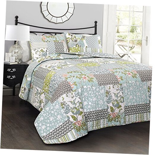 Full Queen-Roesser Quilt | Patchwork Floral Reversible Print Full/Queen Blue