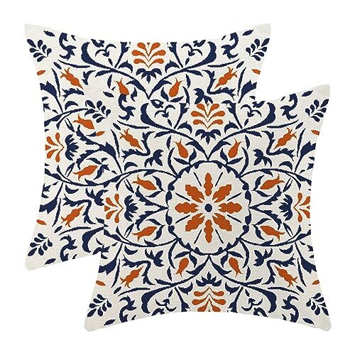 Navy Boho Pillow Covers 18x18 Set of 2, Bohemian 18 x 18-Inch Blue Orange