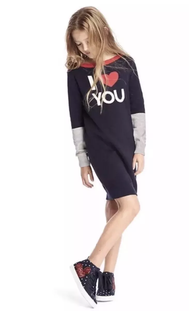 Girls Gap Kids Sweater Dress I LOVE YOU Heart Navy Blue Gray Boat