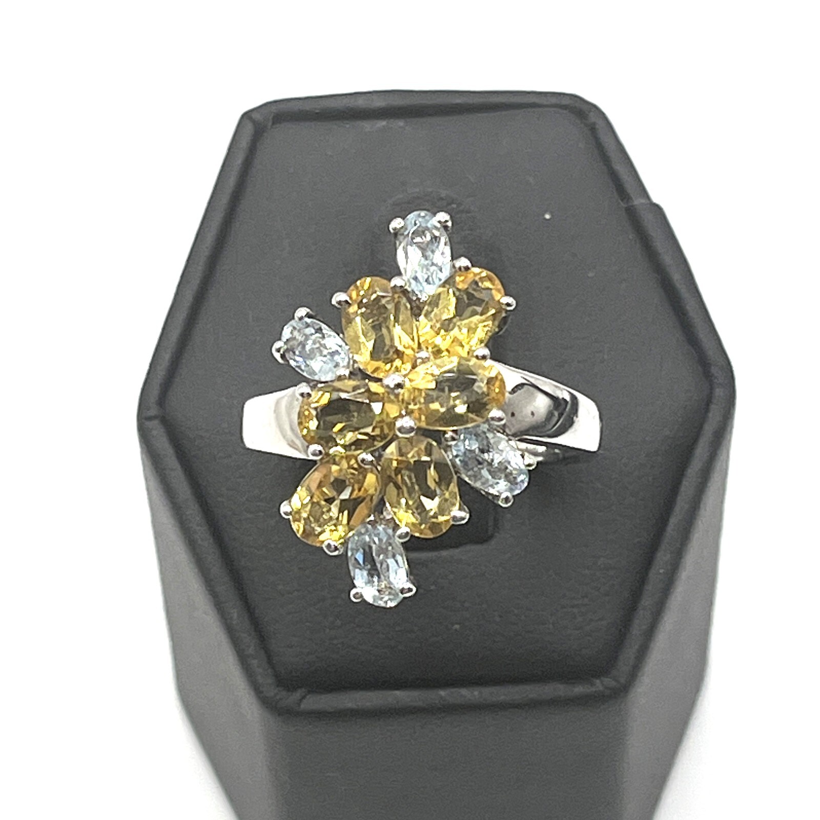 Stylish Sterling 925 Cocktail Cluster Ring with Topaz Citrine Flower Design Size 9 Signed Statement