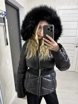 Barbour International Platinum Cobalt Puffer Jacket Belted Fur Hood Black UK 8