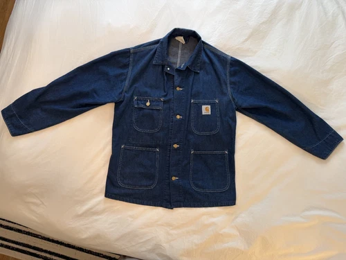 Vintage 70s Carhartt 8C Denim Chore Coat White Tag Union Made USA Size Medium L - product listing photo