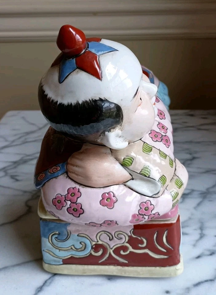 RARO Antigo Pintado à Mão Família Chinesa Rosa Ho-Ho Menino Fronha, Dinastia Qing - Imagem 3 de 4