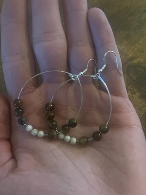 Handcrafted Beaded Hoop Earrings Silver Brown White Tigers Eye Jasper