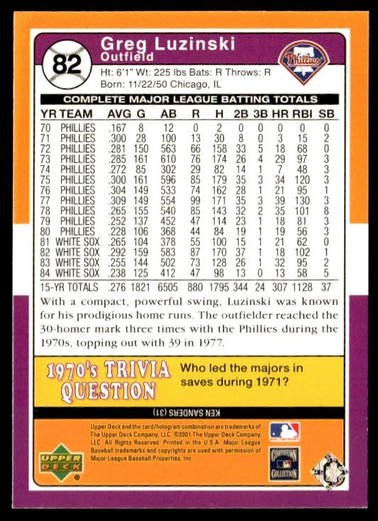 2001 Upper Deck Decade 1970's #82 Greg Luzinski IP AUTO - Image 2 of 2