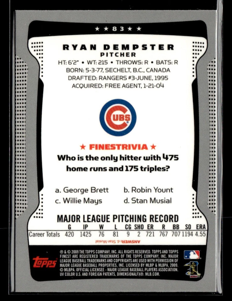 2009 Finest #83 Ryan Dempster Card Chicago Cubs - Image 2 of 2