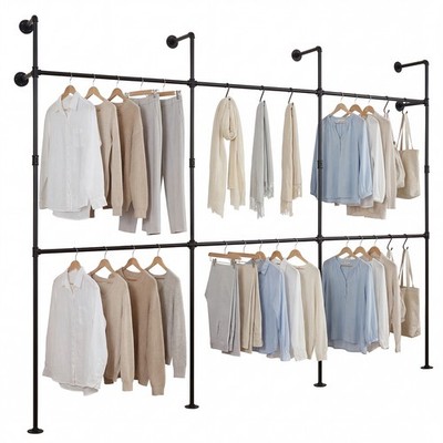 Industrial Pipe Clothing Rack, Wall Mounted Heavy-Duty Metal Garment Organizer