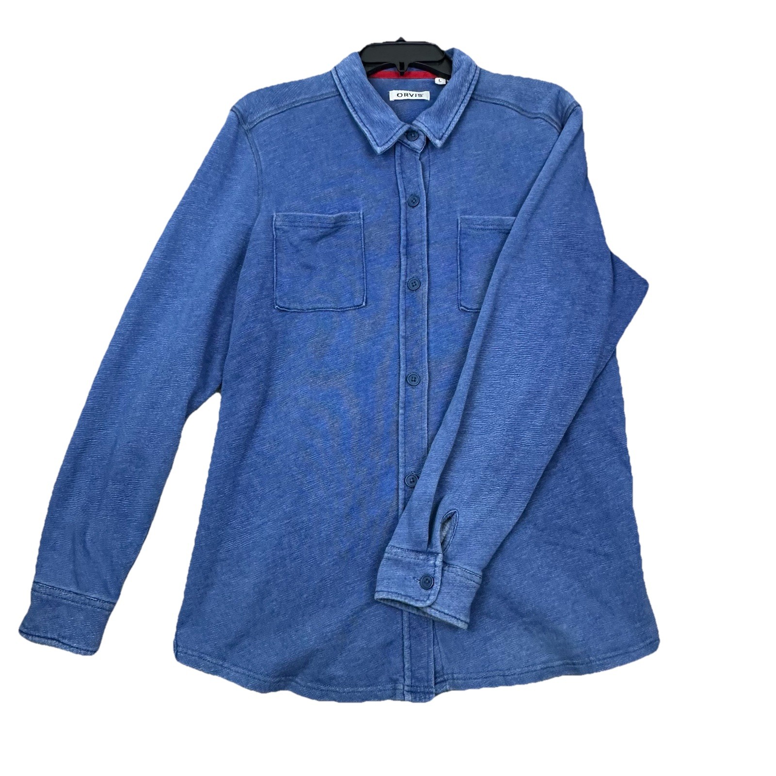 Orvis Women’s L Tech Chambray Work Shirt Blue Long Sleeve Utility Double Pocket