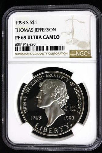1993 S $1 THOMAS JEFFERSON COMMEMORATIVE SILVER COIN, NGC PF69