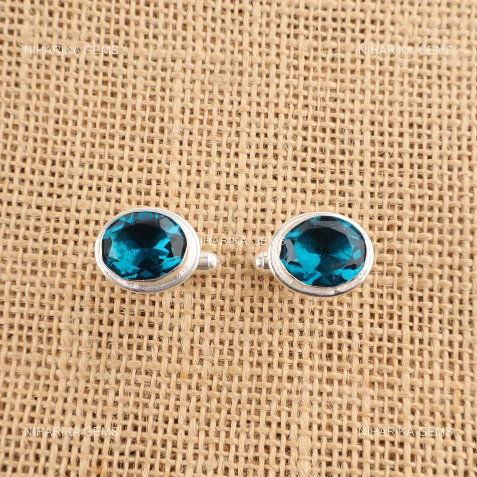 Gemelos artesanales de plata de ley 925 con piedras preciosas de apatita azul 0,59" Foto 4 de 4