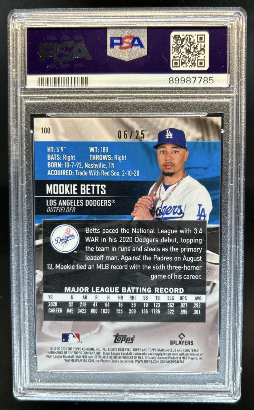2021 Topps Chrome Mookie Betts Orange Refractor #/25 Dodgers PSA 9 view 2