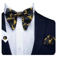 Floral Yellow Bow Tie and Pocket Square Cufflink Set Oversized Tuxedo Bow Tie