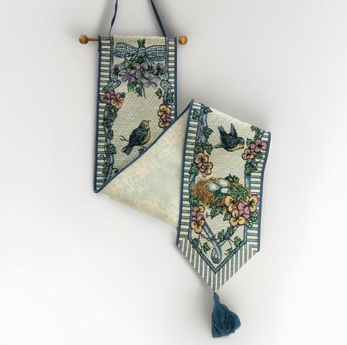 VTG Blue Bird Tapestry Bell Pull Wall Hanging 44 x 6 Tassel Flowers Cottage Core