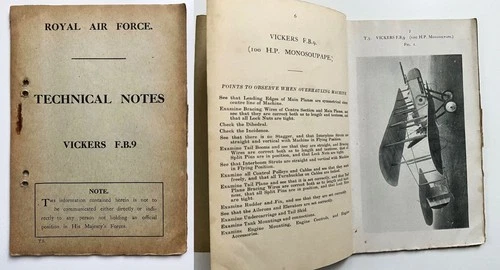 Vickers FB.9 Gunbus aircraft pilots manual RAF RFC original ww1 1918 RARITY