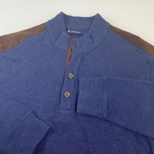 Cremieux Mens L Blue Button Mock Neck Long Sleeve Pullover Sweater Suede Trim
