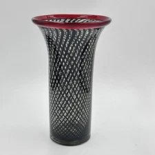 Art Glass Black Woven Lines Red Rim Tall Cylinder 11 In Vase Blown Glass