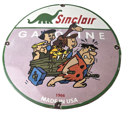 Vintage Sinclair Porcelain Sign - Flintstones Cave Man Gasoline Gas Station Sign