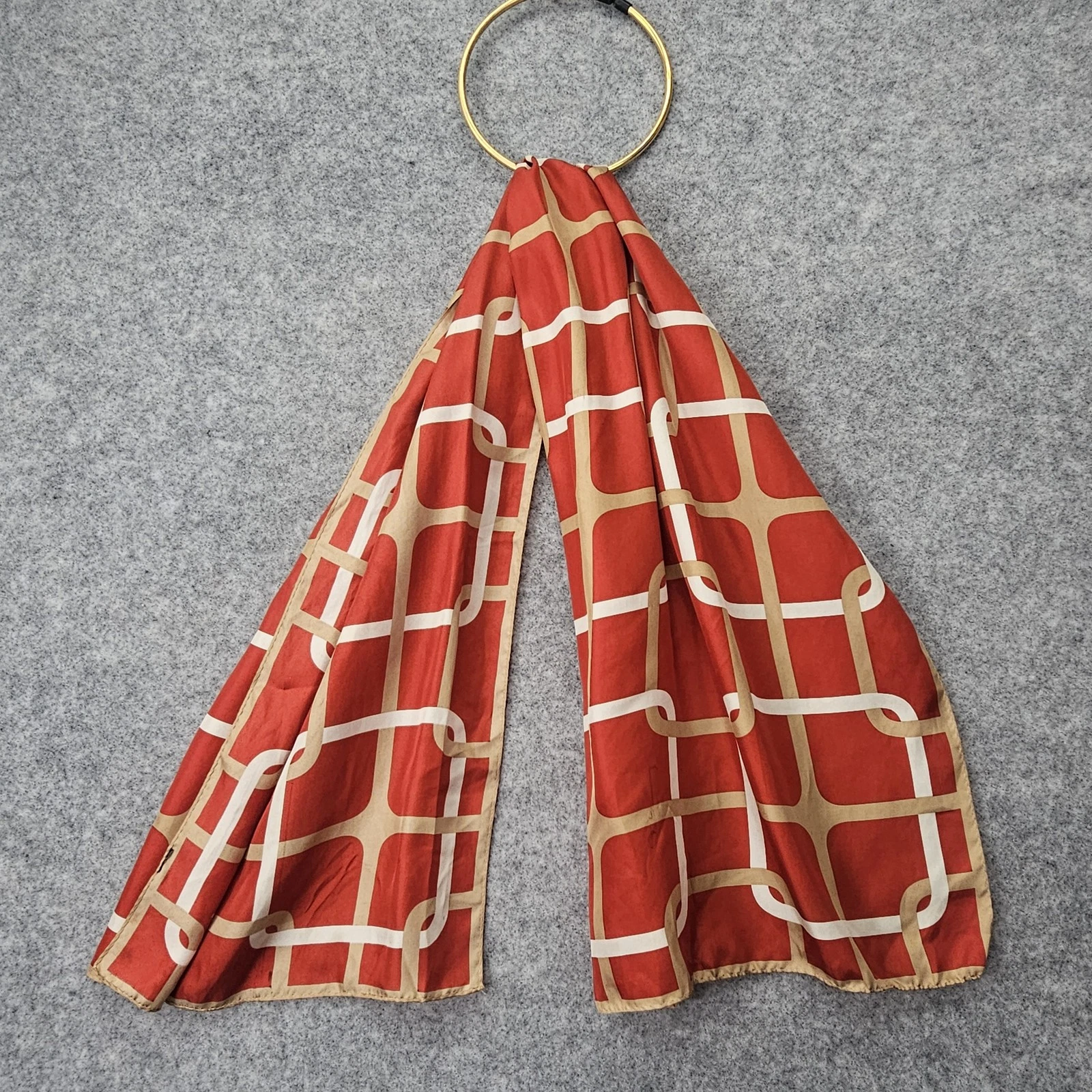 Red Silk Scarf Women Chain Link Tan ECHO Designer Long Wrap Mod 70s Preppy 14x44