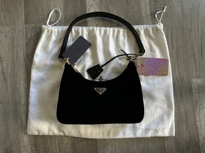 Prada Re-edition Black Velvet Mini Bag Removable Leather key ring Lamb Leather
