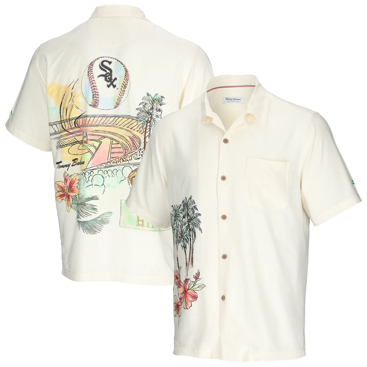 Men s Tommy Bahama Cream Chicago White Sox Paradise Fly Ball Camp Button Up
