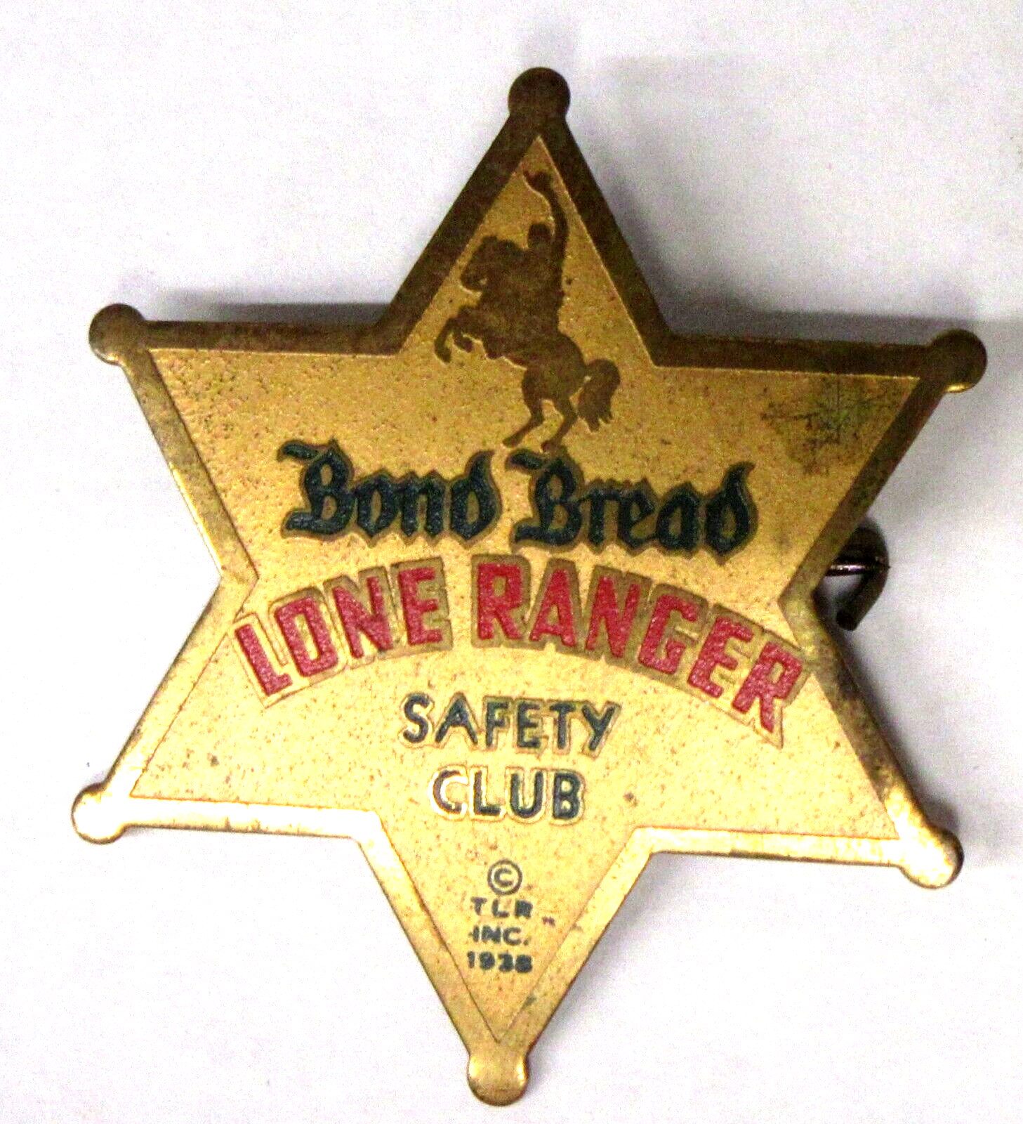 Lone Ranger Pinback 1938 LONE RANGER BOND BREAD SAFETY CLUB brass pinback badge radio ...