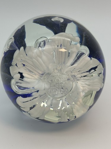 Joe Rice Paperweight Controlled Bubble Blue Trumpet Flower 4” Tall 1997 - Picture 7 of 9
