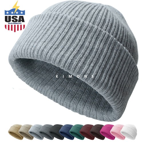 Ribbed Thick Beanie Plain Knit Cuff Ski 