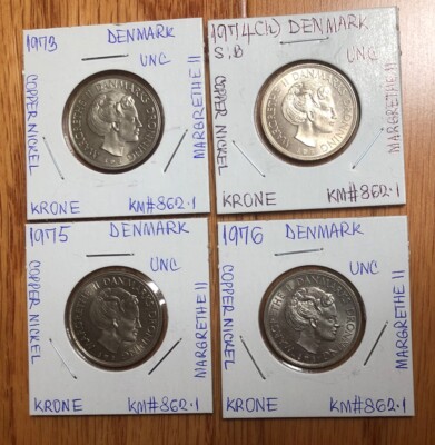 1973,1974,1975,1976 Denmark 1 Krone Set Of 4 UNCIRCULATED Coins-25.5 MM-KM#862.1