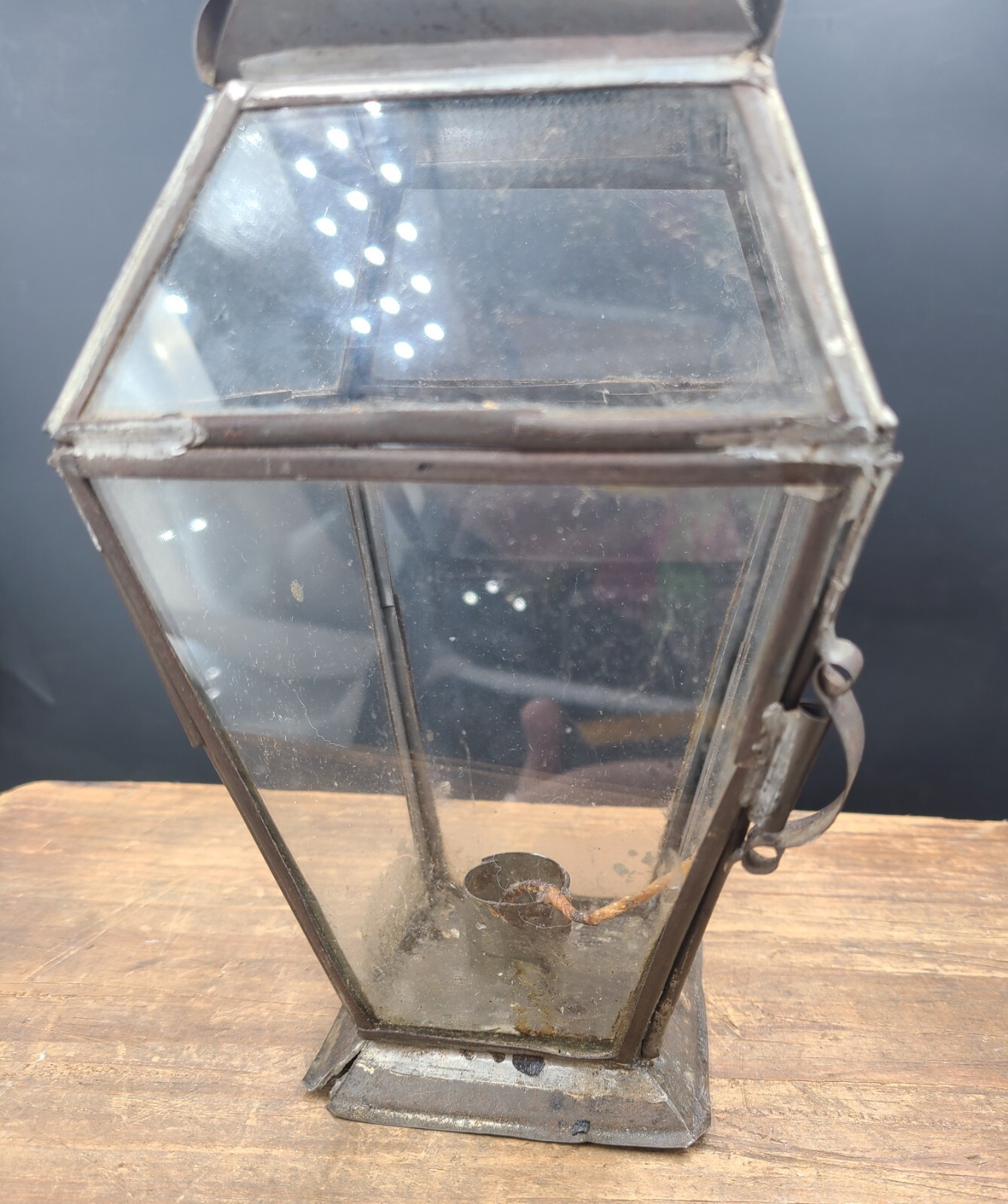 Antique Primitive tin Candle lamp Lantern 8 glass panel witch hat 1840