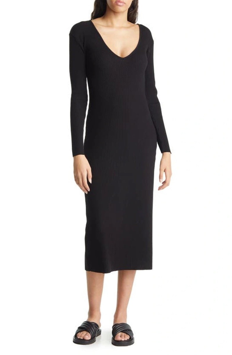 Vince Women's Dress L Large Black Stretch Knit Ribbed V Neck Long