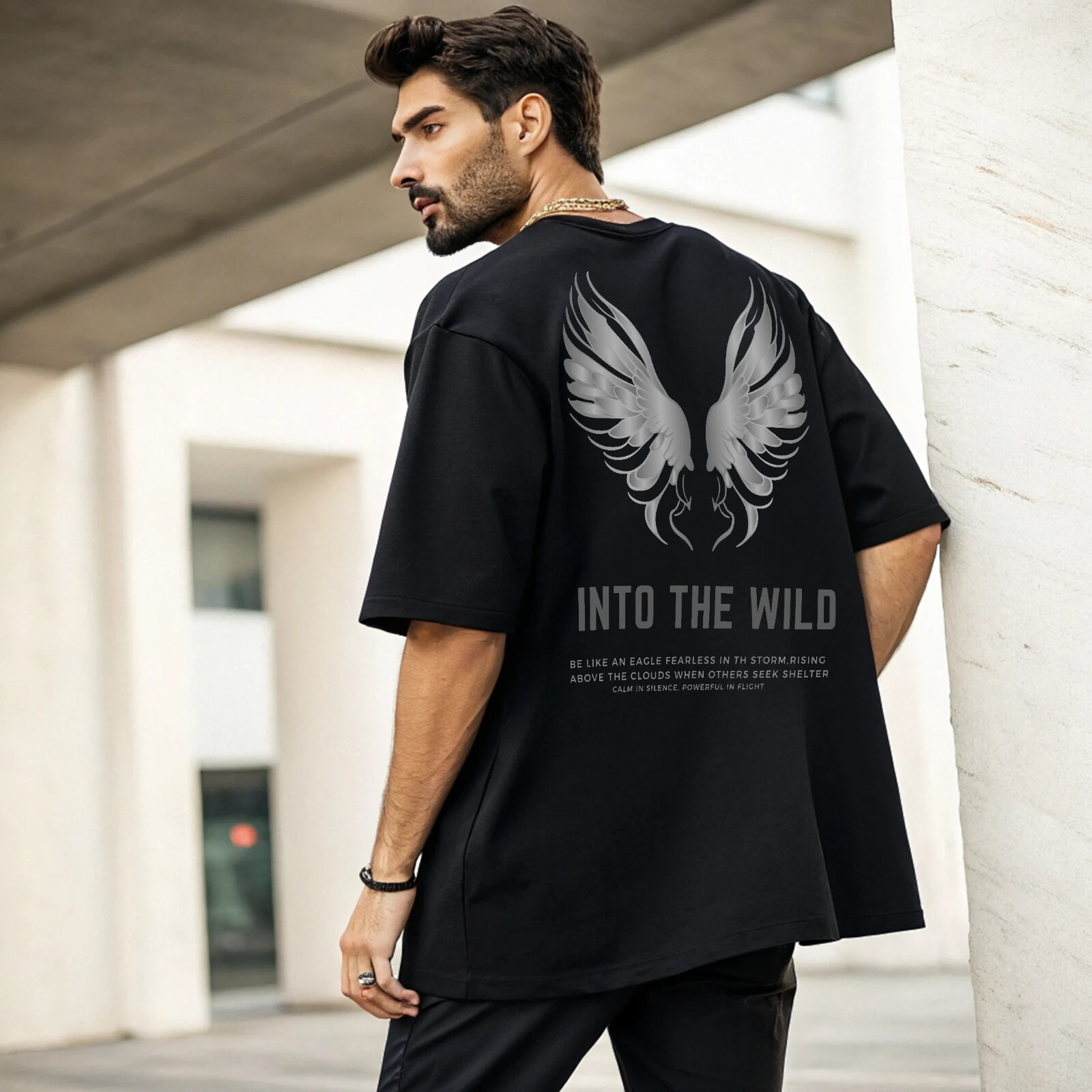 Men motivational graphic text printed oversized black T-shirt