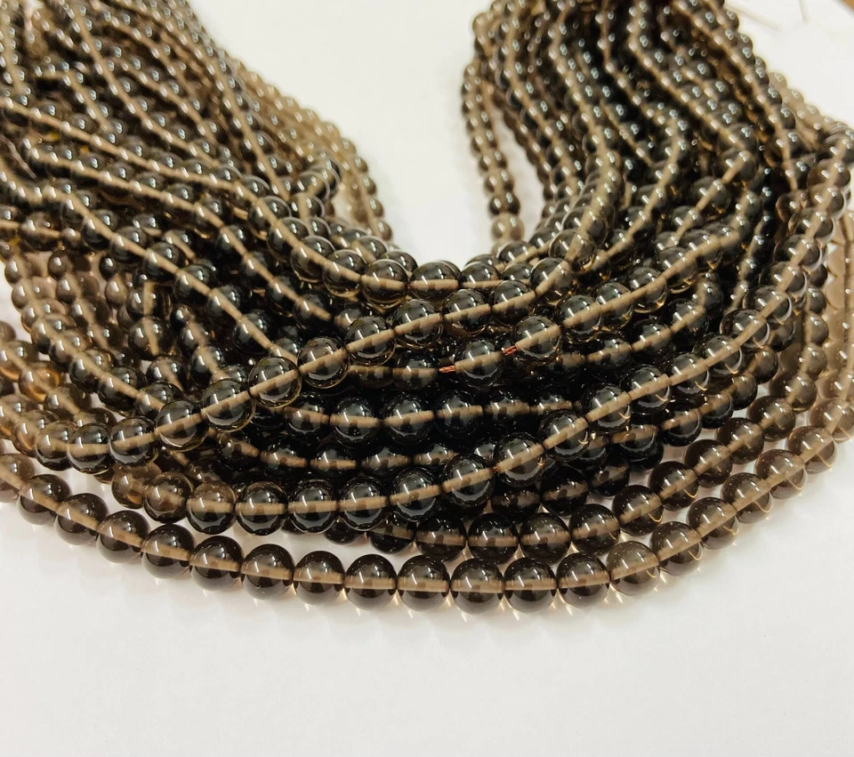 "Cuentas redondas de cuarzo ahumado natural 15"" hilo cuentas de piedras preciosas marrones lisas" Foto 2 de 4