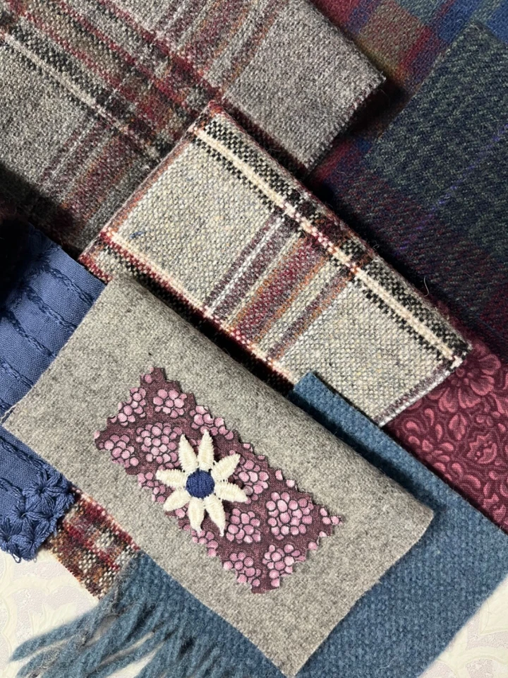 Lovely textured bundle of muted blues & aubergine wools, fabric & trims - Image 3 of 4