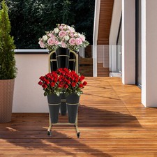 Gold Flower Display Stand Black 6PCS Buckets 2-Layer Steel Plant Stand w/ Wheels