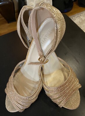 Davids Bridal Shoes Gold Glitter Crystal High Heels Open Toe Strappy Party 