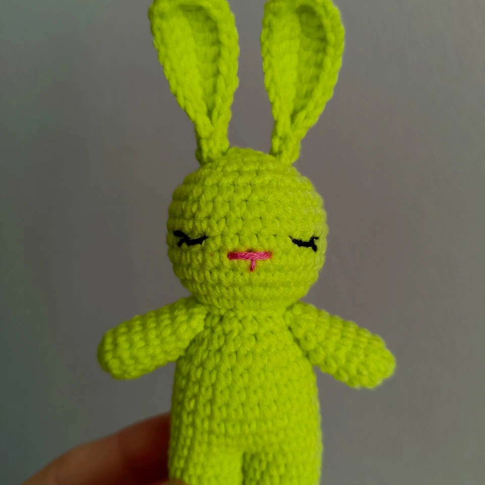 LITTLE LIGHT GREEN CROCHET  TOY AMIGURUMI ANIMAL BUNNY. HANDMADE SOFT TOY BUNNY. - Image 3 of 4