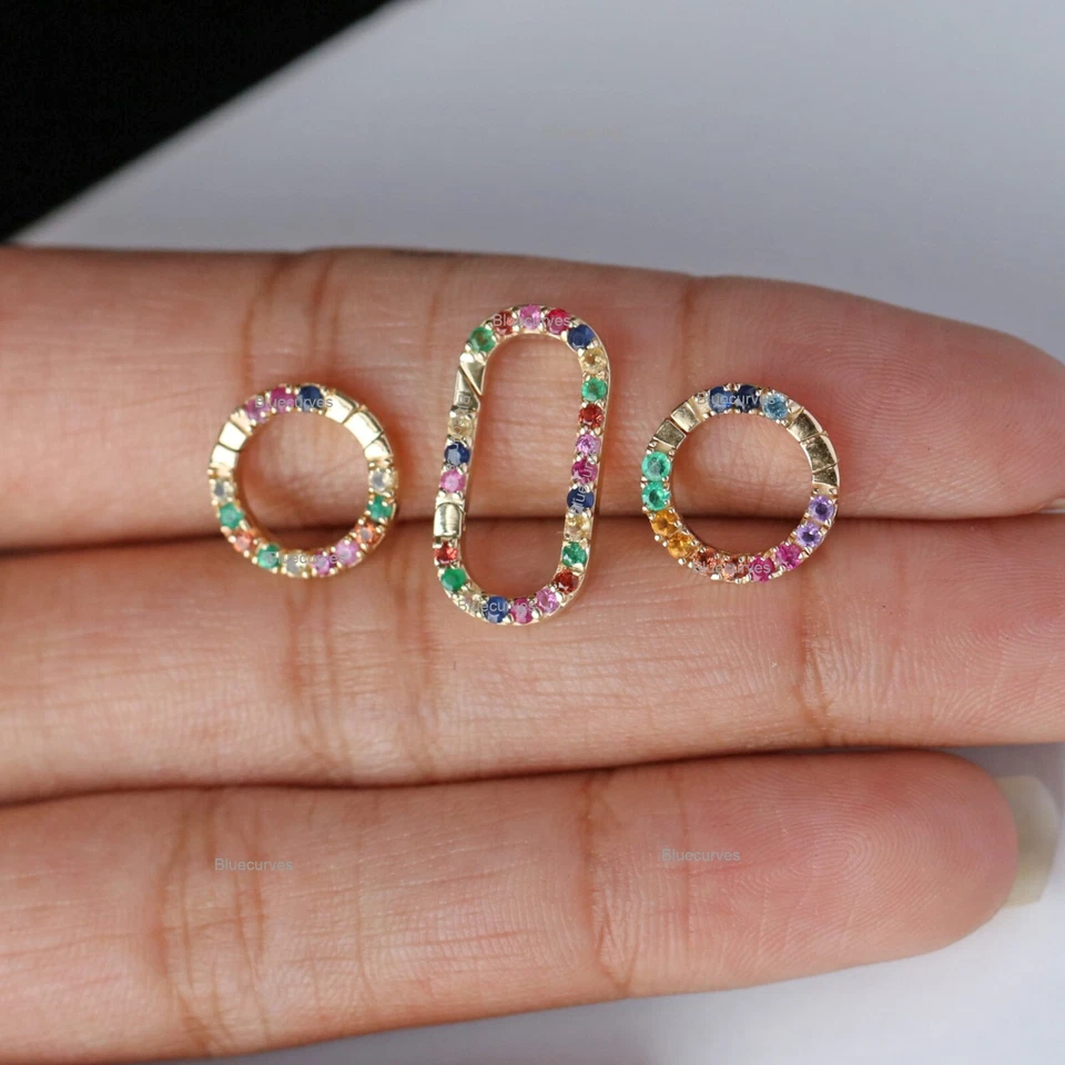 Rainbow Sapphire Enhancer Oval Charm Pendant Lock In 14k Yellow Gold Jewelry - Image 2 of 4