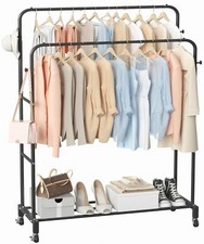 Double Rod Clothing Rack with Wheels 3-Tier Garment Rack for Hanging Clothes