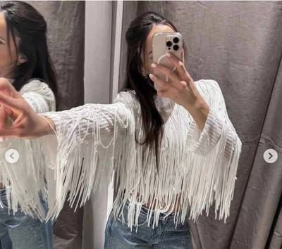ZARA 2026 ZW Collection White Sequin Fringe Jacket Size M 3210/040 Trendy - Image 1 of 4