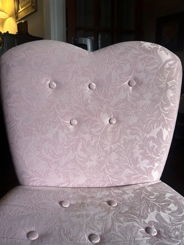 Vintage Pink Heart-Back Vanity Chair – Hollywood Regency / Tufted Skirted Accent - Image 2 of 4