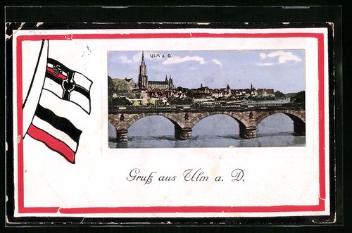 Präge-AK Ulm a. D., Teilansicht mit Kirche und Brücke 1915 - 第 1/2 張圖片