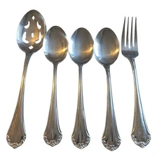 Gibson Stainless Charlotte 3 Soup Spoons  1 Dinner Forks 1 Splotter Spoon 5 Pcs