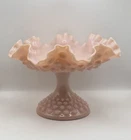 Vintage Fenton Pink Rose Milk Glass Hobnail Pedestal Compote Dish Ruffled